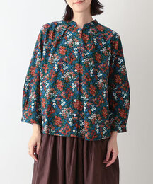 ブーケプリントコットンコーデュロイブラウス　(ブルー)
