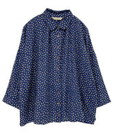 ポルカドット・綿麻レーヨンギャザーブラウス　(ネイビー)