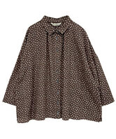ポルカドット・綿麻レーヨンギャザーブラウス　(ブラウン)