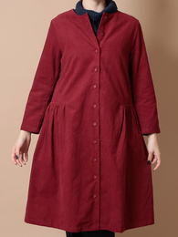 コーデュロイ サイドギャザーコートワンピース (レッド)