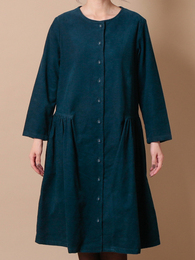 コーデュロイ サイドギャザーコートワンピース (ブルー)