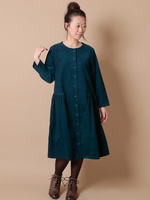 コーデュロイ サイドギャザーコートワンピース (ブルー)