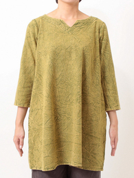 ストーンウォッシュ・クルタ衿チュニック (オリーブ)