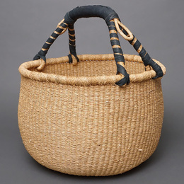 (ブルキナファソ)　半球マルシェバスケット　ブラックレザー　無地　(L)　No.15