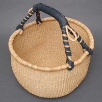 (ブルキナファソ)　半球マルシェバスケット　ブラックレザー　無地　(L)　No.15