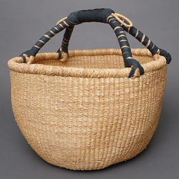 (ブルキナファソ)　半球マルシェバスケット　ブラックレザー　無地　(L)　No.17