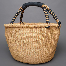 (ブルキナファソ)　半球マルシェバスケット　ブラックレザー　無地　(L)　No.18