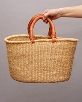 (ブルキナファソ)　楕円マルシェバスケット　ブラウンレザー　無地　(L)　No.4