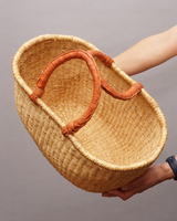 (ブルキナファソ)　楕円マルシェバスケット　ブラウンレザー　無地　(L)　No.6