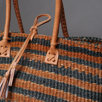 ケニア　サイザルバッグ　8インチ　ミックスカラー　レザーショートハンドル　No.7