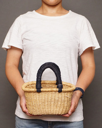 (ブルキナファソ)　楕円マルシェバスケット　ブラックレザー　無地　(S)　No.6