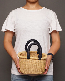 (ブルキナファソ)　楕円マルシェバスケット　ブラックレザー　無地　(S)　No.8