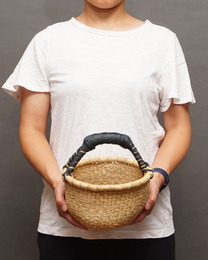 (ブルキナファソ)　半球マルシェバスケット　ブラックレザー　無地　(S)　No.7