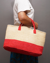 ケニア　サイザル2トーンカラーバッグ　ワイド　(ホワイト,レッド)