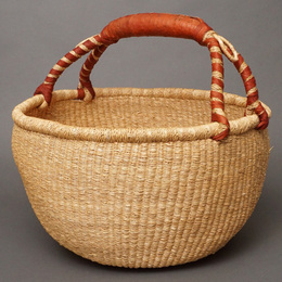 (ブルキナファソ)　半球マルシェバスケット　ブラウンレザー　無地　(L)　No.7