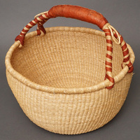 (ブルキナファソ)　半球マルシェバスケット　ブラウンレザー　無地　(L)　No.7