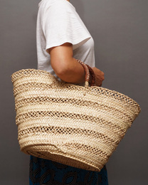 (モロッコ)　マルシェバスケット　ブラウンレザーハンドル　(LL)