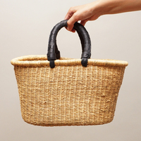 (ブルキナファソ)　楕円マルシェバスケット　ブラックレザー　無地　(M)　No.3