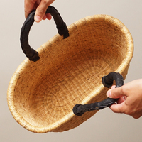 (ブルキナファソ)　楕円マルシェバスケット　ブラックレザー　無地　(M)　No.3